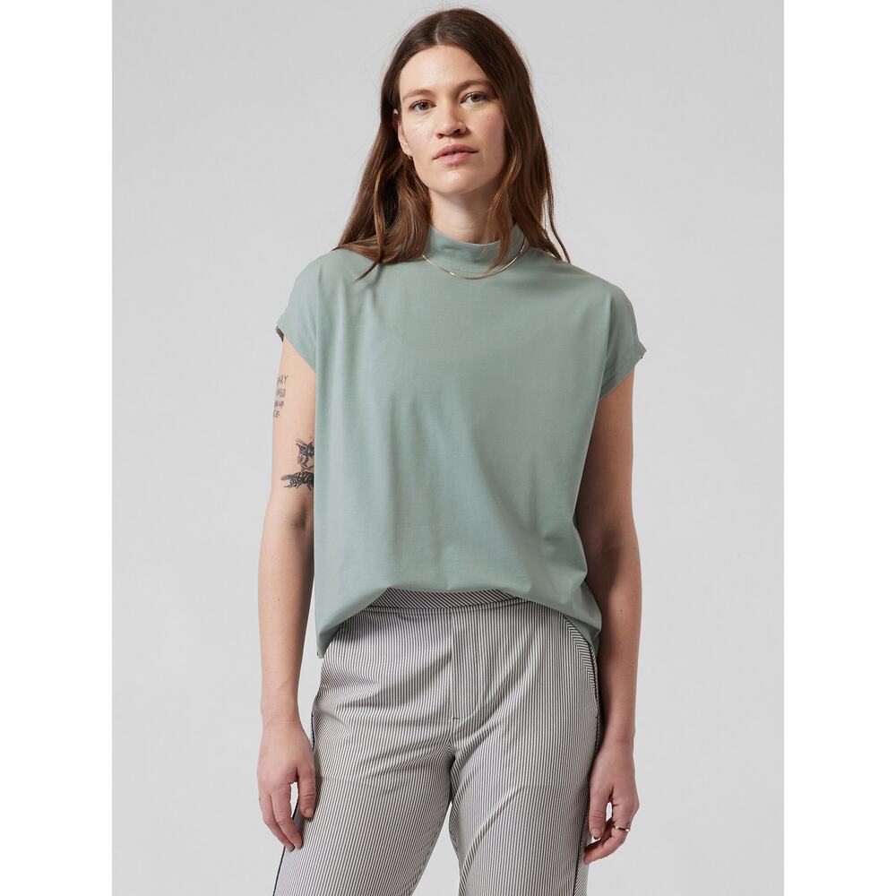 Athleta Away Mock Neck Tee Minimalistic Grey Green Small Basic Staple Minimal‎